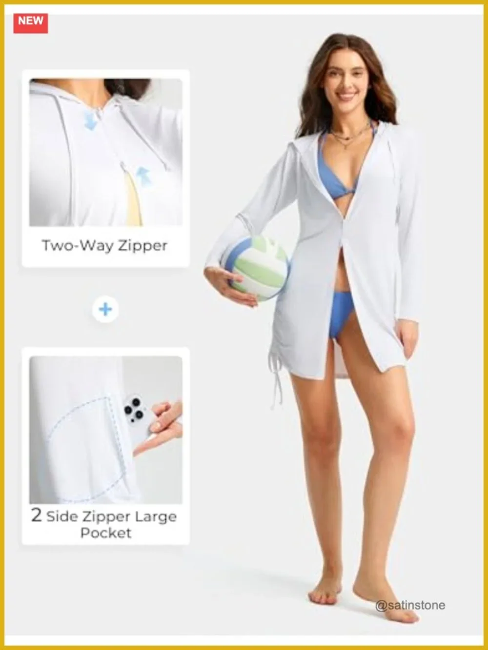 UPF 50+ Long Sleeve Swim Cover Up Cardigan with Hood and Pockets